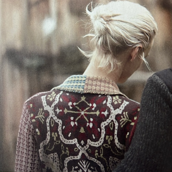 Anthropologie Sparrow Patchwork Jacquard Sweater Coat Belted Cardigan Pockets - Picture 6 of 15